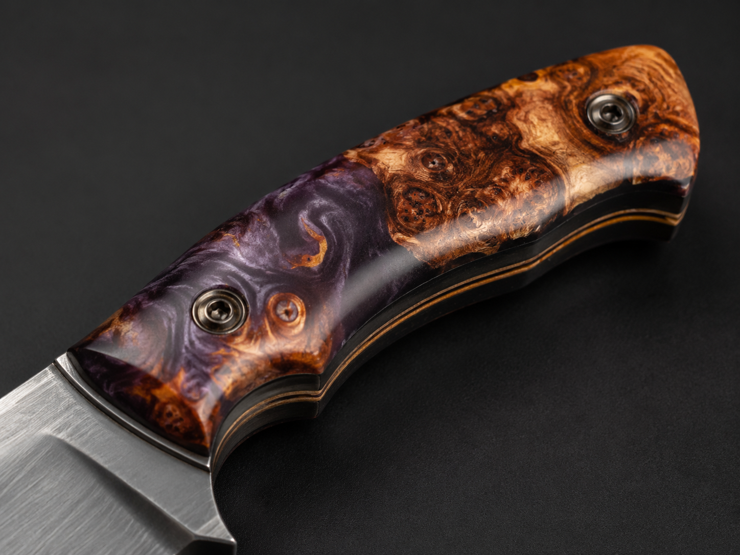 Close-up display of stabilized wood knife handle material