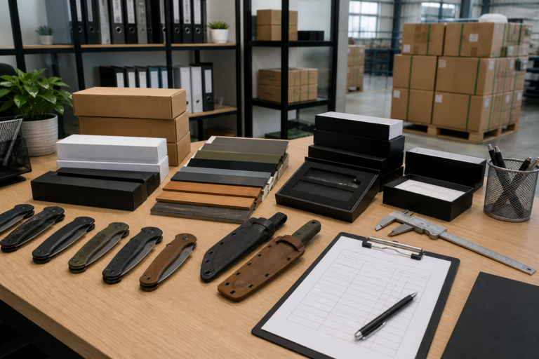 wholesale knife sourcing desk for retailers with packaging and sample knives