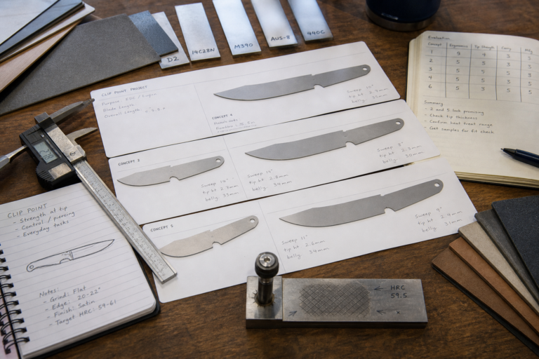 Clip point blade OEM sourcing planning board with profile samples and inspection tools