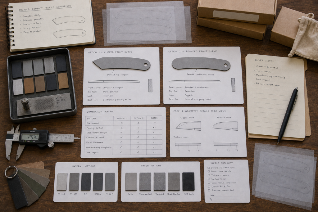 Clip point versus drop point OEM selection comparison board with profile samples