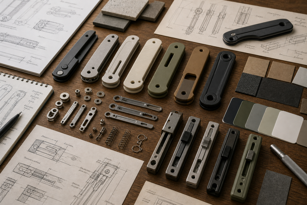 Prototype sliding-bar lock handle components and material samples arranged for an OEM design review