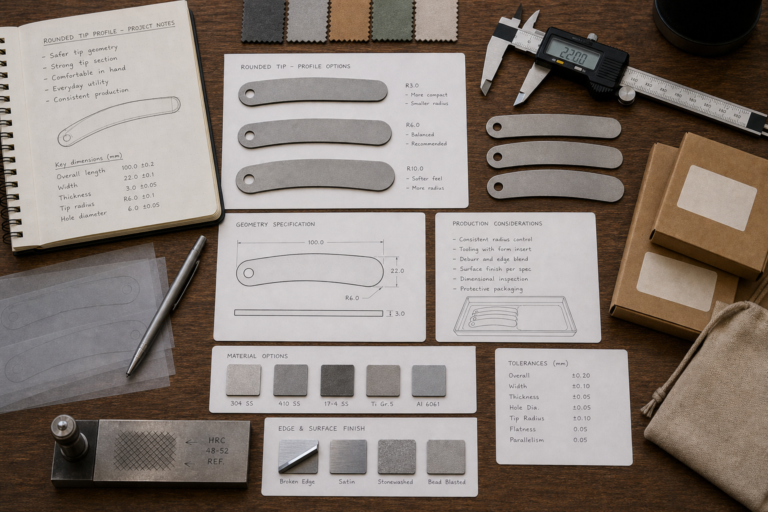 Drop point blade OEM sourcing planning board with rounded profile samples and inspection tools
