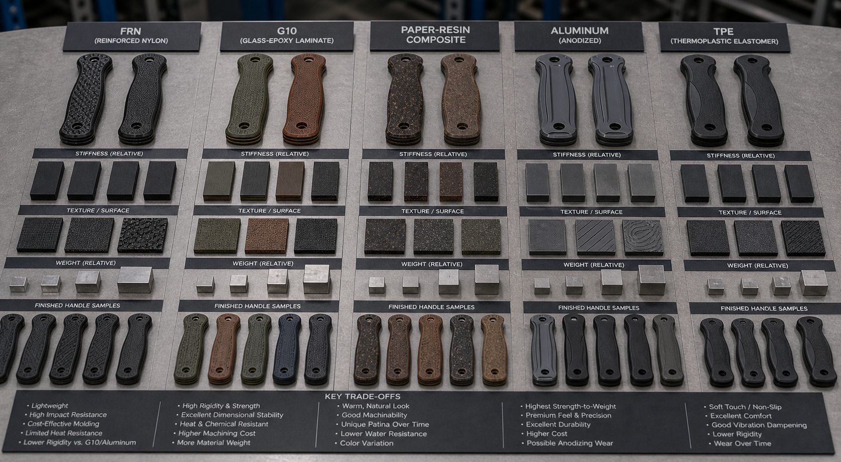FRN G10 Richlite aluminum TPE handle comparison FRN G10 Richlite aluminum TPE handle comparison