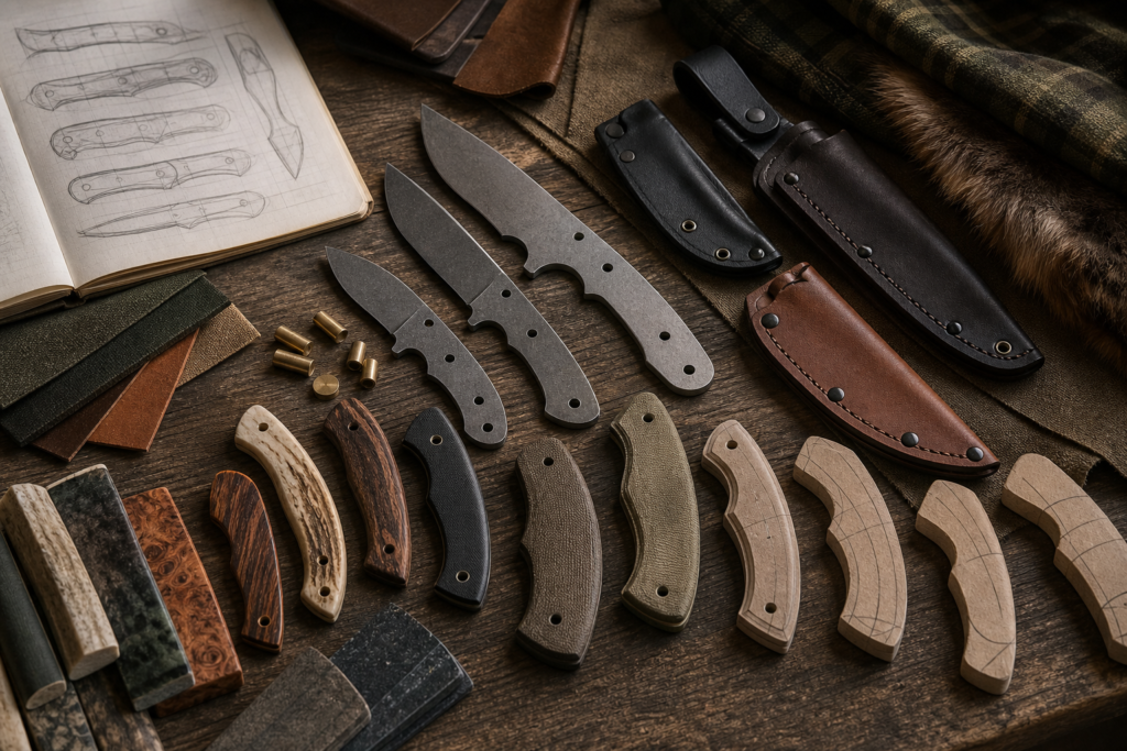 Outdoor product development layout with fixed-blade prototypes, sheath samples, and handle materials