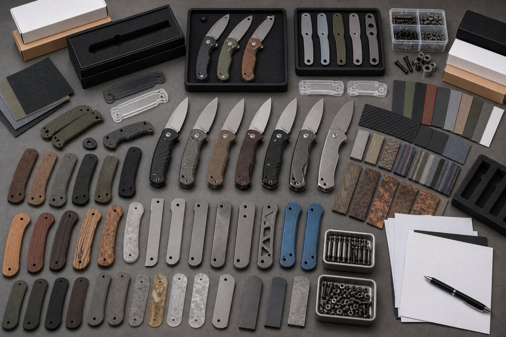 Knife handle material samples for product line planning