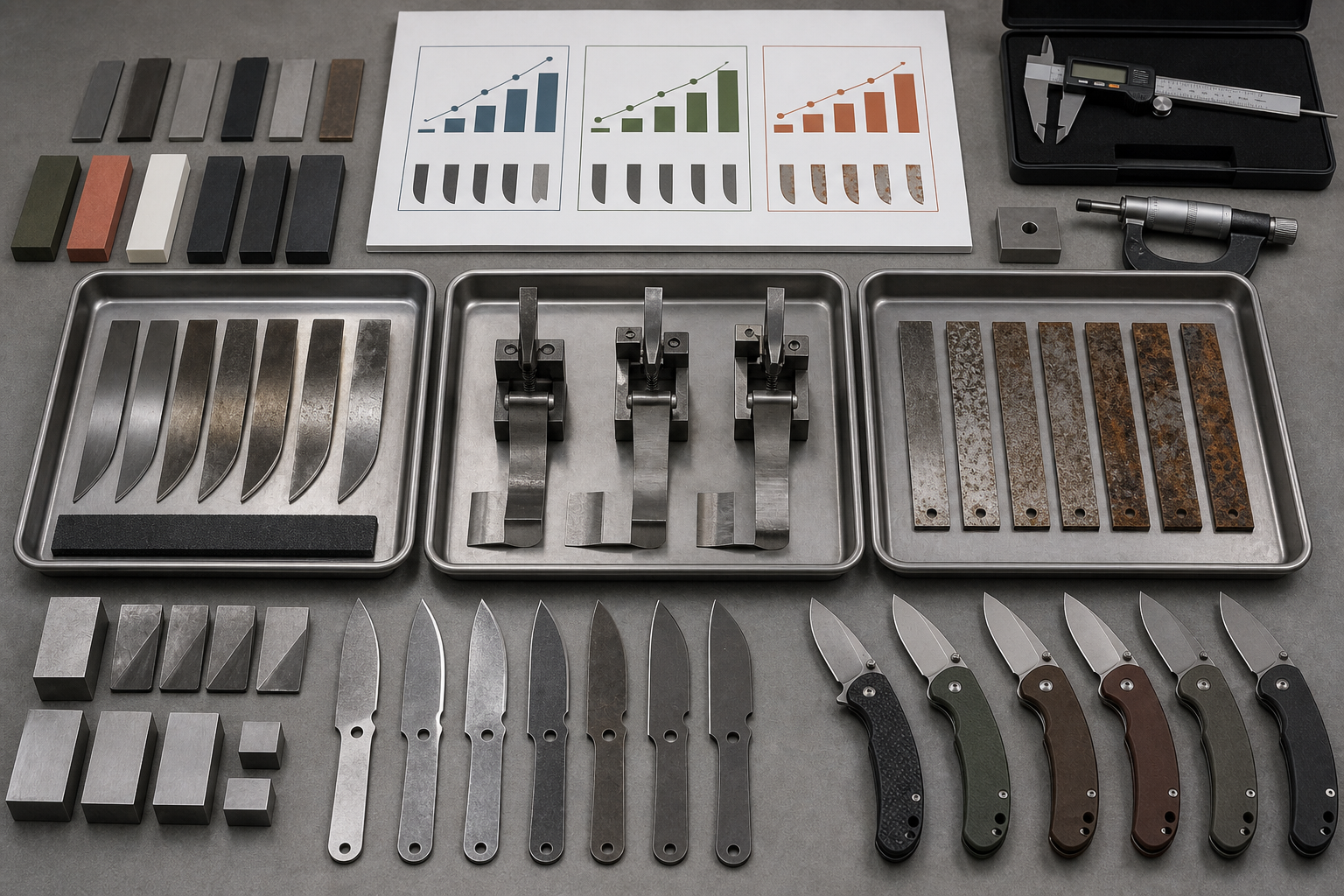 Knife steel performance tradeoff chart on workbench Knife steel performance tradeoff chart on workbench