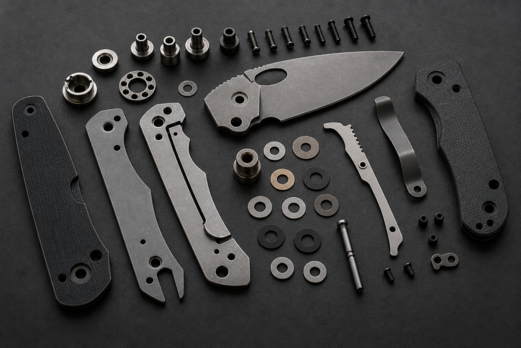Exploded arrangement of compact folding-tool components including pivot hardware, liners, scales, and clips