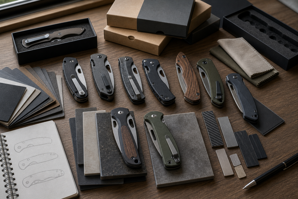 Category review table with compact folding-tool prototypes, handle materials, and packaging samples