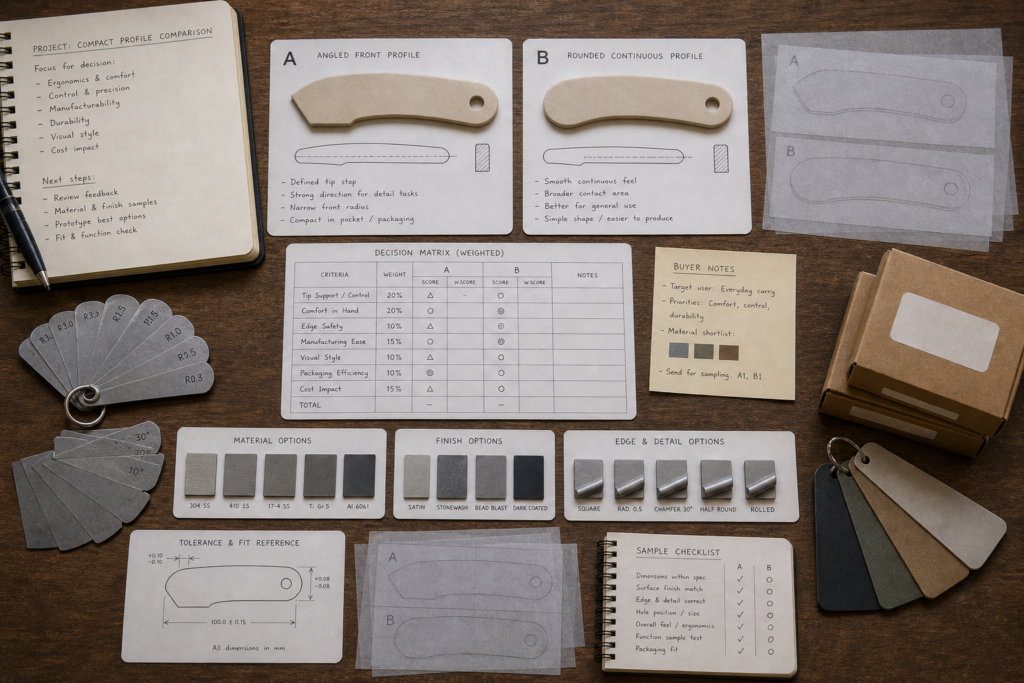 Tanto versus drop point OEM selection comparison board with profile options