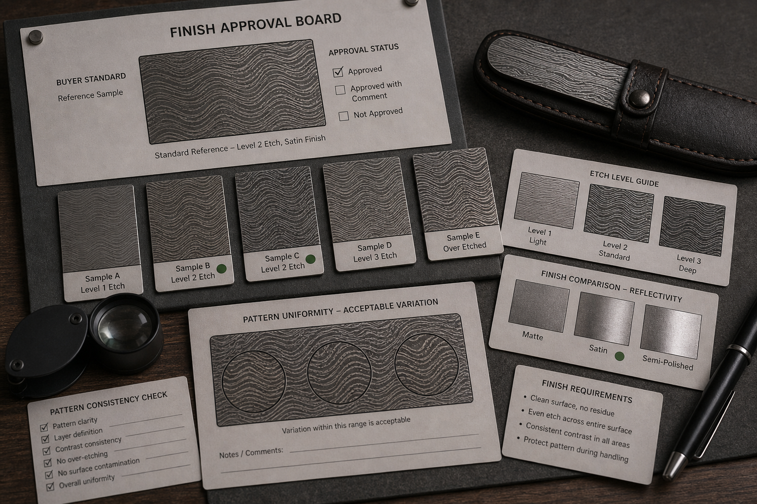 Damascus pattern etching finish control Damascus pattern etching finish control