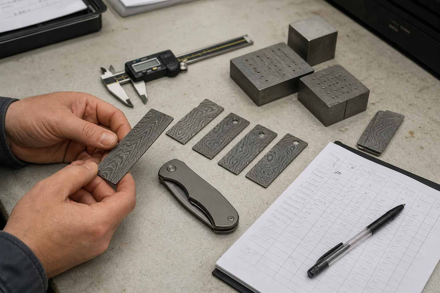 Damascus folding knife sample testing Damascus folding knife sample testing