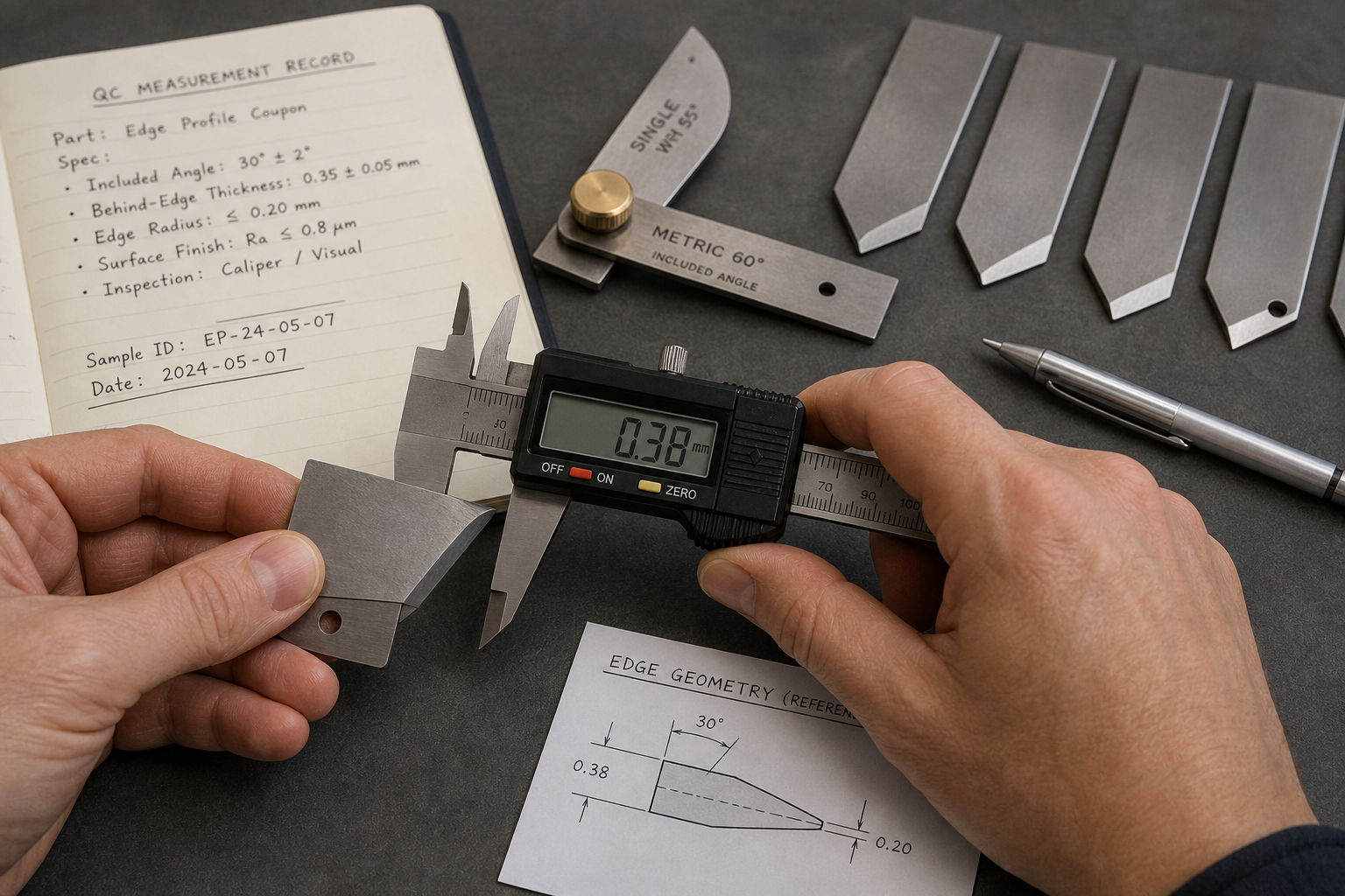 knife edge angle and behind edge thickness QC knife edge angle and behind edge thickness QC