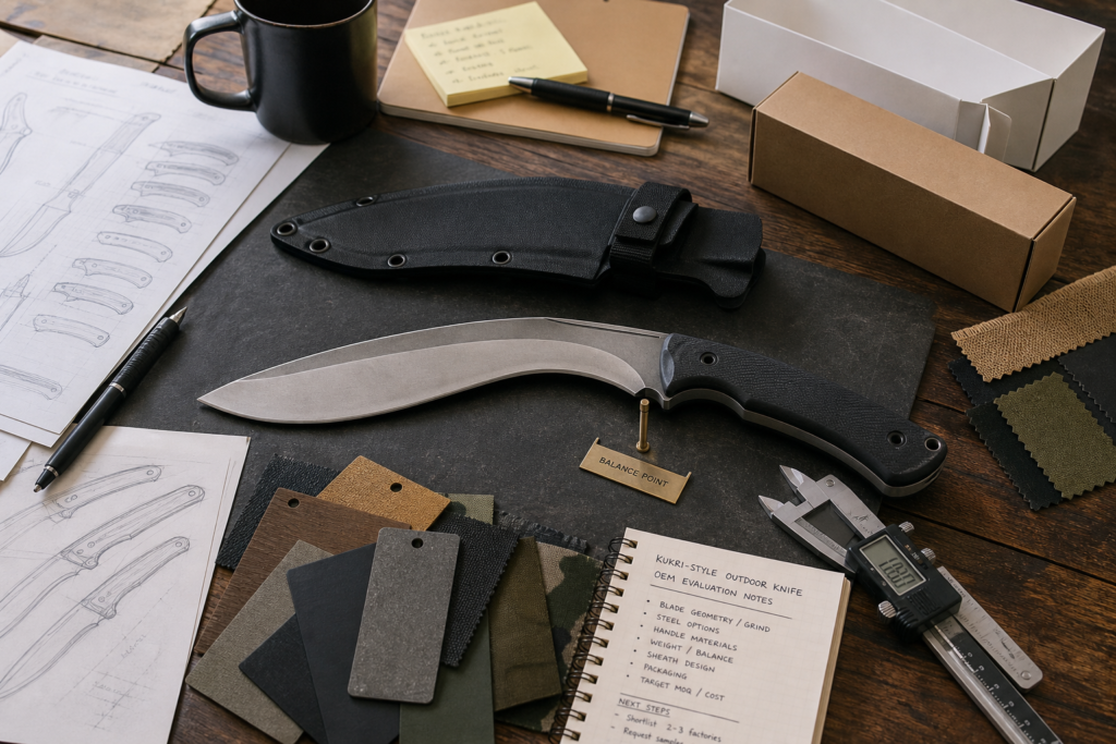 Kukri-style outdoor knife buyer evaluation setup